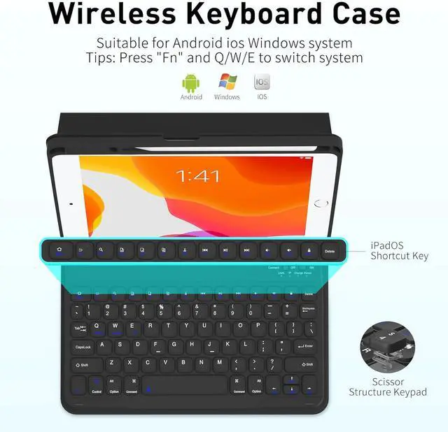 Alt view image 4 of 7 - 9th Generation Keyboard Case for iPad 10.2 Inch 8th 7th (2021/2020/2019) - Pro 10.5 inch Air 3rd 2017 2019, Wireless Detachable Removable Magnetic Cover Shell with Pen Holder, Black