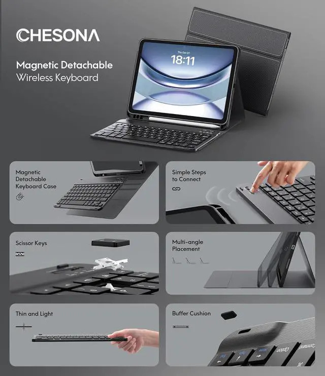 Alt view image 3 of 7 - Keyboard Case for iPad (A16) 11th/10th Generation (2025/2022), Detachable Wireless Keyboard, Stand Folio Keyboard Cover with Pencil Holder, Thin & Light (Black)