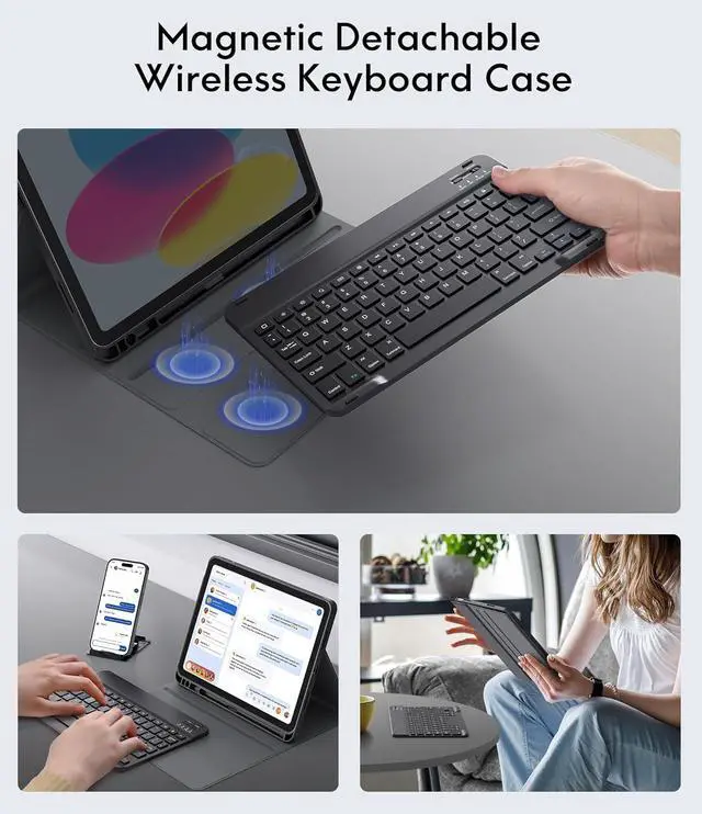 Alt view image 4 of 7 - Keyboard Case for iPad (A16) 11th/10th Generation (2025/2022), Detachable Wireless Keyboard, Stand Folio Keyboard Cover with Pencil Holder, Thin & Light (Black)