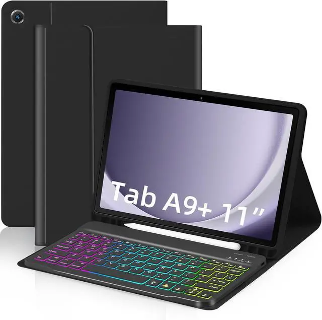Main image of Case with Keyboard for  Galaxy Tab A9 Plus 11 inch (SM-X210/X215/X216/X218) 7 Color Rainbow Backlight Detachable USB-C Keyboard Magnetic Case with Pen Slot for Tablet A9+ 5G Black