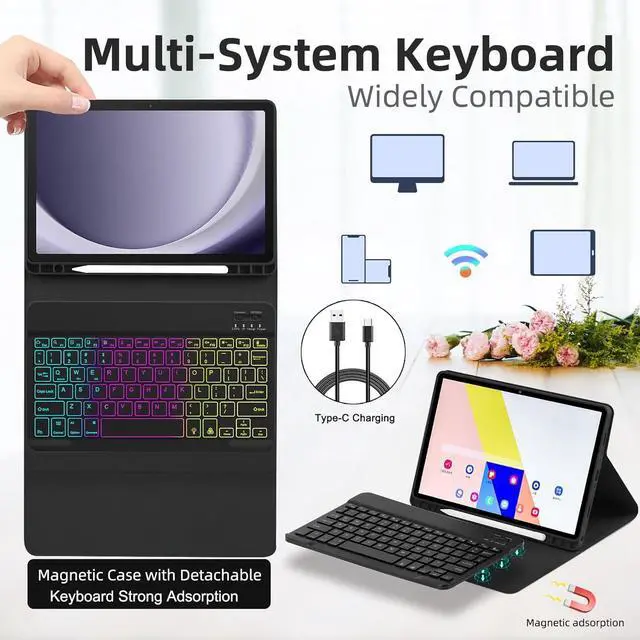 Alt view image 6 of 7 - Case with Keyboard for  Galaxy Tab A9 Plus 11 inch (SM-X210/X215/X216/X218) 7 Color Rainbow Backlight Detachable USB-C Keyboard Magnetic Case with Pen Slot for Tablet A9+ 5G Black