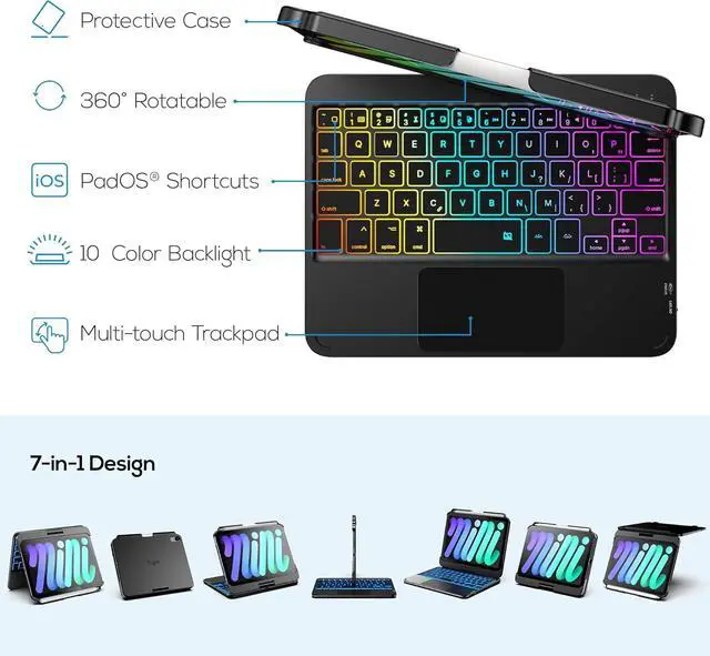 Alt view image 4 of 7 - Keyboard Case for iPad Mini 7 (2024) & Mini 6 (2021) - Wireless Case with Keyboard for iPad Mini 7th 6th Generation 8.3" - 10 Colors Backlit Keyboard Cover with Trackpad - Black