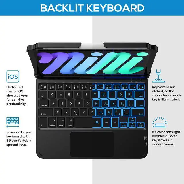 Alt view image 5 of 7 - Keyboard Case for iPad Mini 7 (2024) & Mini 6 (2021) - Wireless Case with Keyboard for iPad Mini 7th 6th Generation 8.3" - 10 Colors Backlit Keyboard Cover with Trackpad - Black