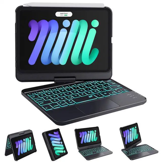 Main image of Keyboard Case for iPad Mini 7 A17 Pro(2024) & Mini 6 (2021) 8.3", Touchpad Keyboard with 7 Color Backlit, Type-C Rechargeable, 360° Rotate Case for iPad Mini 7th/6th Generation, Black