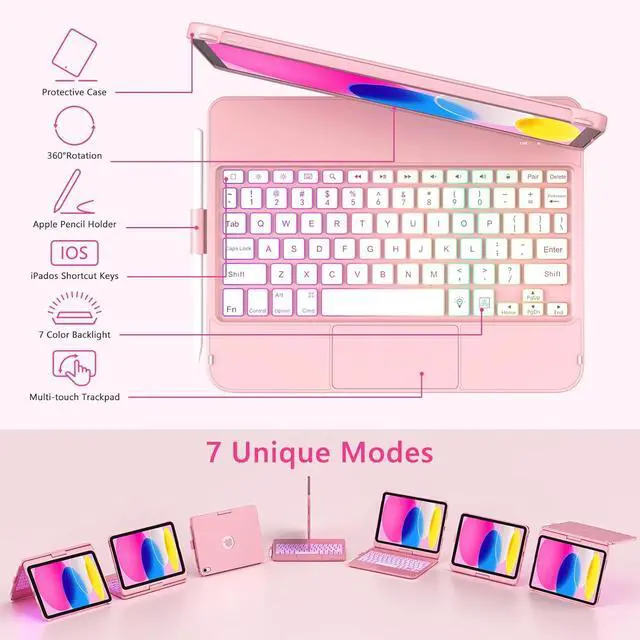 Alt view image 4 of 7 - Touch Keyboard Case for iPad (A16) 11th Generation 11 inch 2025&10th Gen 10.9 inch 2022, 360° Rotate for iPad 10th Generation Case with Keyboard, Backlit Keyboard Case with Pencil Holder, Pink