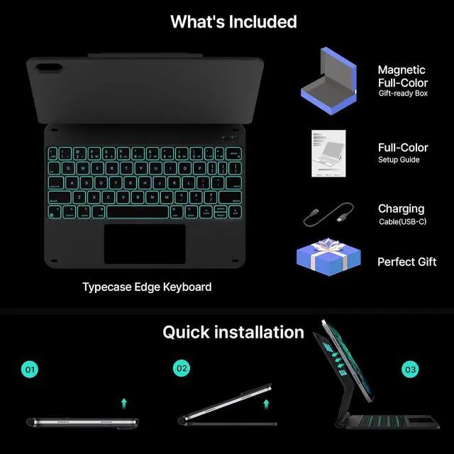 Alt view image 7 of 7 - Edge Keyboard Case for iPad 11th (A16, 2025) and iPad 10th Gen 10.9 inch (2022) Magnetic with Multi-Touch Trackpad, 11 Colors Backlight, Pencil Holder, Slim & Lightweight - Black