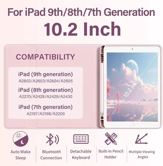Alt view image 2 of 7 - Keyboard Case for iPad 9th/8th/7th Generation(2021/2020/2019), 10.2 inch iPad 9/8/7 Case with Keyboard, Auto Wake Sleep Cover with Pencil Holder, Pink
