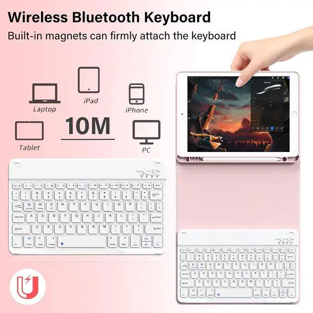 Alt view image 6 of 7 - Keyboard Case for iPad 9th/8th/7th Generation(2021/2020/2019), 10.2 inch iPad 9/8/7 Case with Keyboard, Auto Wake Sleep Cover with Pencil Holder, Pink
