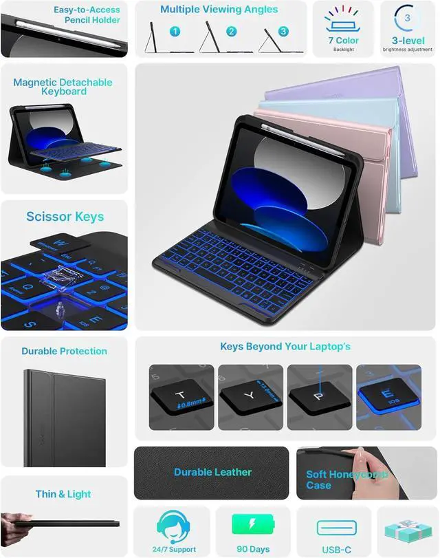 Alt view image 3 of 7 - Folio Keyboard Case for iPad 10th Gen 10.9 inch (2022) and iPad 11th (A16, 2025), Magnetic Wireless Detachable Keyboard, 7-Color Backlight, Thin & Light, Pencil Holder Black