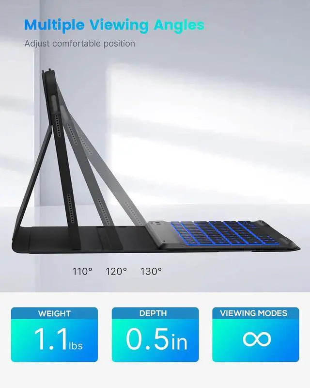 Alt view image 4 of 7 - Folio Keyboard Case for iPad 10th Gen 10.9 inch (2022) and iPad 11th (A16, 2025), Magnetic Wireless Detachable Keyboard, 7-Color Backlight, Thin & Light, Pencil Holder Black