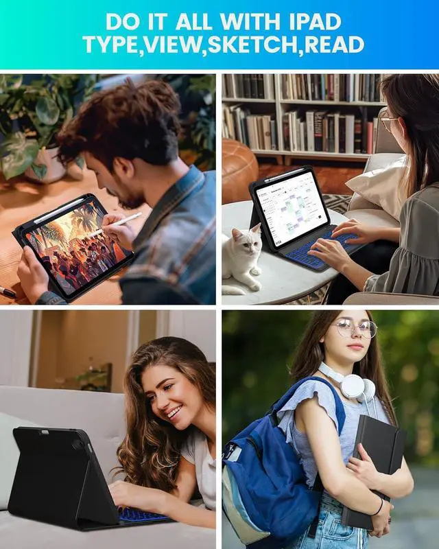 Alt view image 6 of 7 - Folio Keyboard Case for iPad 10th Gen 10.9 inch (2022) and iPad 11th (A16, 2025), Magnetic Wireless Detachable Keyboard, 7-Color Backlight, Thin & Light, Pencil Holder Black