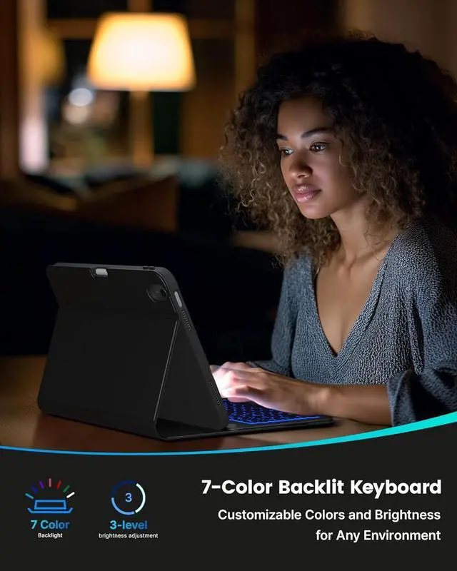 Alt view image 7 of 7 - Folio Keyboard Case for iPad 10th Gen 10.9 inch (2022) and iPad 11th (A16, 2025), Magnetic Wireless Detachable Keyboard, 7-Color Backlight, Thin & Light, Pencil Holder Black
