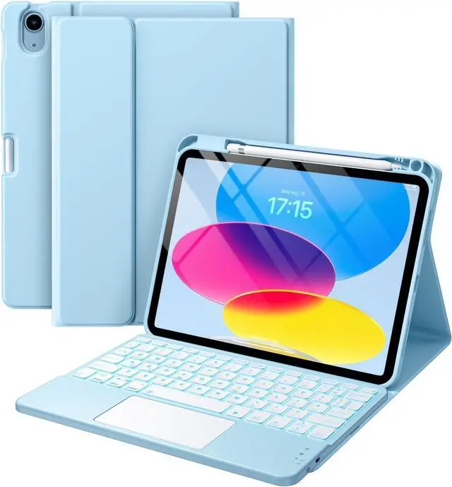 Main image of Compatible for iPad 11th 10th Generation Case with Keyboard, Folio Cover with Pencil Holder, Multi-Touch Trackpad, 7 Color Backlit, Detachable Keyboard for iPad (A16) 11th/10th Gen (Sky Blue)