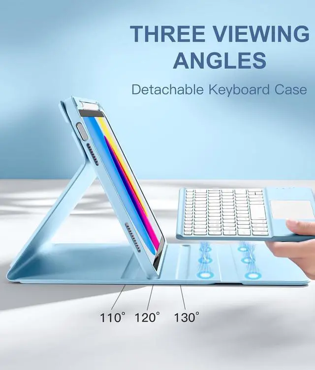 Alt view image 4 of 7 - Compatible for iPad 11th 10th Generation Case with Keyboard, Folio Cover with Pencil Holder, Multi-Touch Trackpad, 7 Color Backlit, Detachable Keyboard for iPad (A16) 11th/10th Gen (Sky Blue)