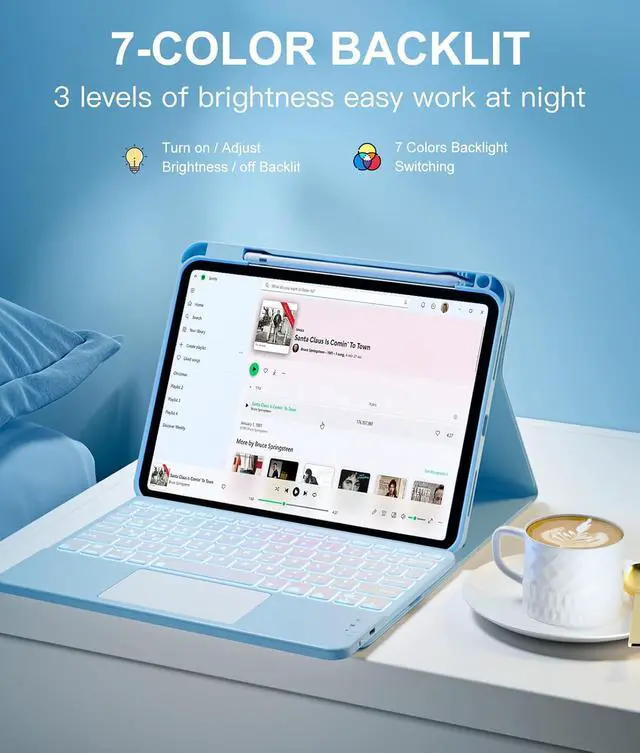 Alt view image 6 of 7 - Compatible for iPad 11th 10th Generation Case with Keyboard, Folio Cover with Pencil Holder, Multi-Touch Trackpad, 7 Color Backlit, Detachable Keyboard for iPad (A16) 11th/10th Gen (Sky Blue)