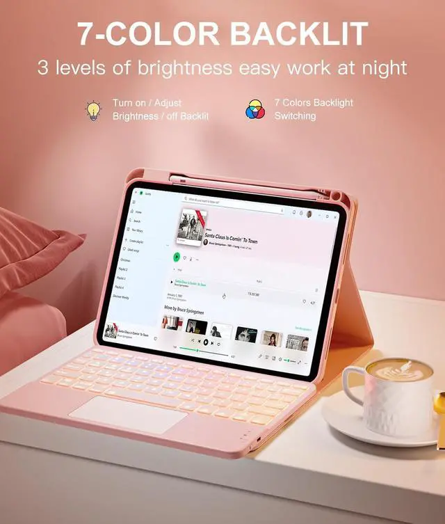 Alt view image 6 of 7 - Compatible for iPad 11th 10th Generation Case with Keyboard, Folio Cover with Pencil Holder, Multi-Touch Trackpad, 7 Color Backlit, Detachable Keyboard for iPad (A16) 11th/10th Gen (Light Pink