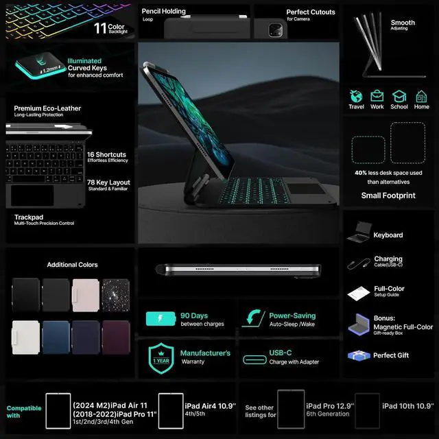 Alt view image 6 of 7 - Edge Keyboard Case for iPad Air 11-inch (M3 2025 / M2 2024)& iPad Pro 11 inch (4th/3rd/2nd/1st Gen),Magic Keyboard for Air 5th/4th Gen,Multi-Touch Trackpad, 11 Colors Backlight,Black