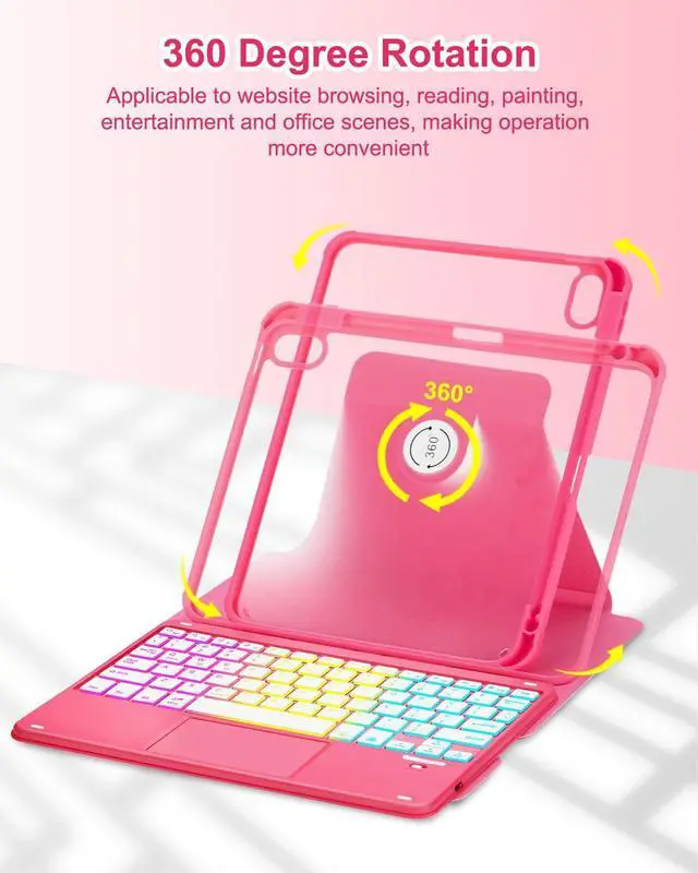 Alt view image 4 of 7 - Touchpad Keyboard Case for iPad 11th 10th Generation, 360 Rotation Cover with Pencil Holder Wireless Backlit Detachable Keypad for iPad 11 inch A16 2025/10 Gen 10.9" 2022 Watermelon Red