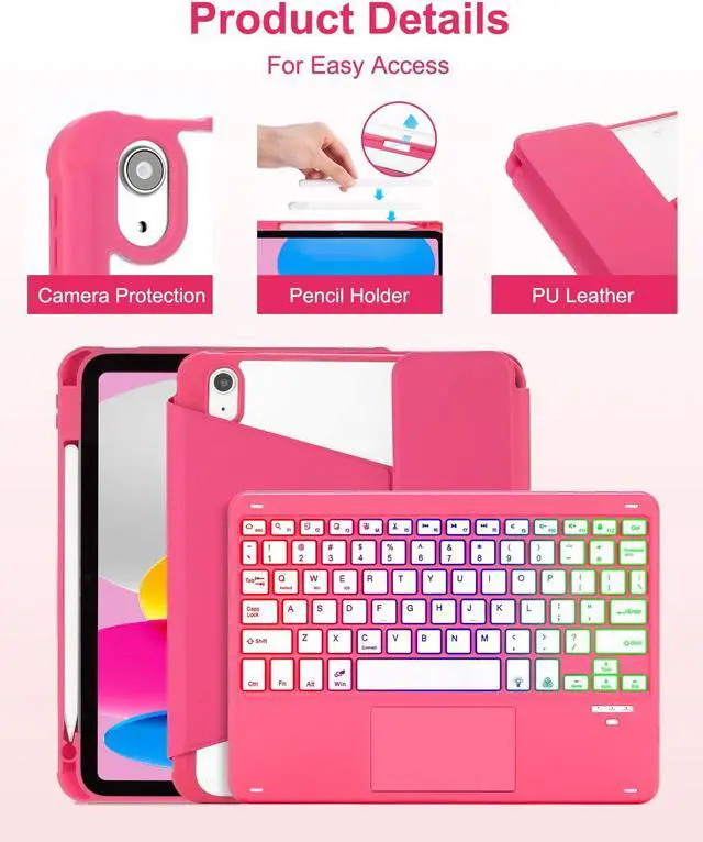 Alt view image 7 of 7 - Touchpad Keyboard Case for iPad 11th 10th Generation, 360 Rotation Cover with Pencil Holder Wireless Backlit Detachable Keypad for iPad 11 inch A16 2025/10 Gen 10.9" 2022 Watermelon Red