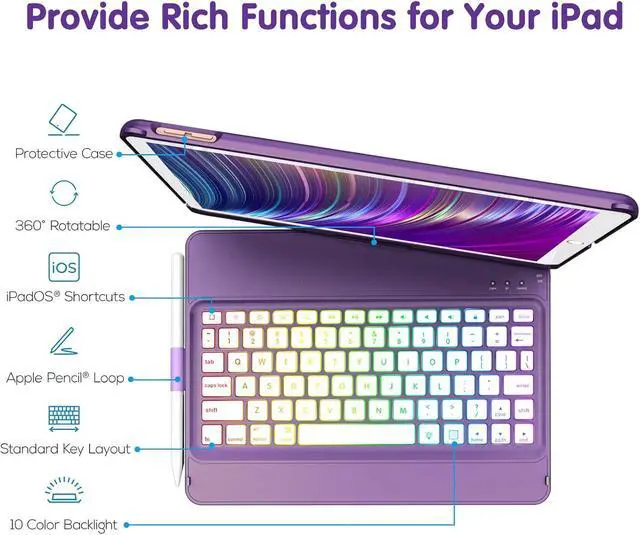 Alt view image 2 of 7 - Keyboard Case for iPad 9th,7 Color Backlight iPad Keyboard for 10.2-inch 9th /8th /7th /Air 3/Pro 10.5-inch,360° Rotatable Protective Cover with Apple Pencil Holder(Purple)