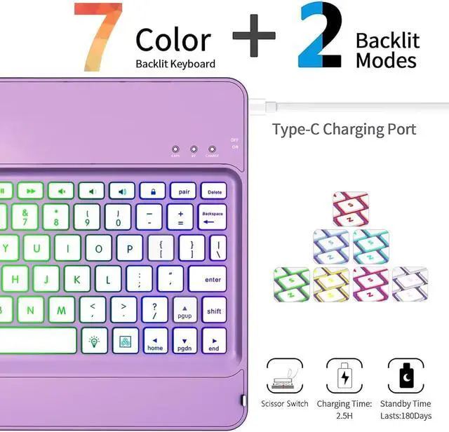 Alt view image 4 of 7 - Keyboard Case for iPad 9th,7 Color Backlight iPad Keyboard for 10.2-inch 9th /8th /7th /Air 3/Pro 10.5-inch,360° Rotatable Protective Cover with Apple Pencil Holder(Purple)