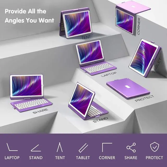 Alt view image 5 of 7 - Keyboard Case for iPad 9th,7 Color Backlight iPad Keyboard for 10.2-inch 9th /8th /7th /Air 3/Pro 10.5-inch,360° Rotatable Protective Cover with Apple Pencil Holder(Purple)