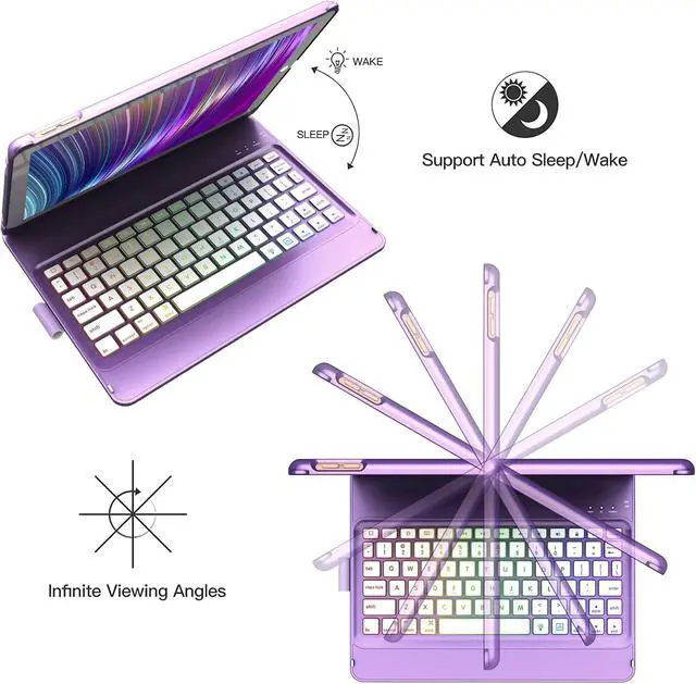 Alt view image 6 of 7 - Keyboard Case for iPad 9th,7 Color Backlight iPad Keyboard for 10.2-inch 9th /8th /7th /Air 3/Pro 10.5-inch,360° Rotatable Protective Cover with Apple Pencil Holder(Purple)
