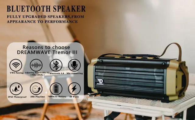 Alt view image 4 of 6 - Dreamwave Tremor III Outdoor Bluetooth Speaker 100W HiFi Sound Dual Pairing 24hr Playtime U-Drive Support Built-in Mic Rugged Portable IPX5 Waterproof for Travel and Outdoor Use,Green