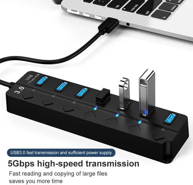 Alt view image 6 of 9 - USB 3.0 Hub, DEFEILIN 7 Port Powered USB Hub Expander Aluminum USB 3.0 Data Port hub with Universal 5V AC Adapter and Individual On/Off Switches USB Splitter for Laptop and PC(Black)