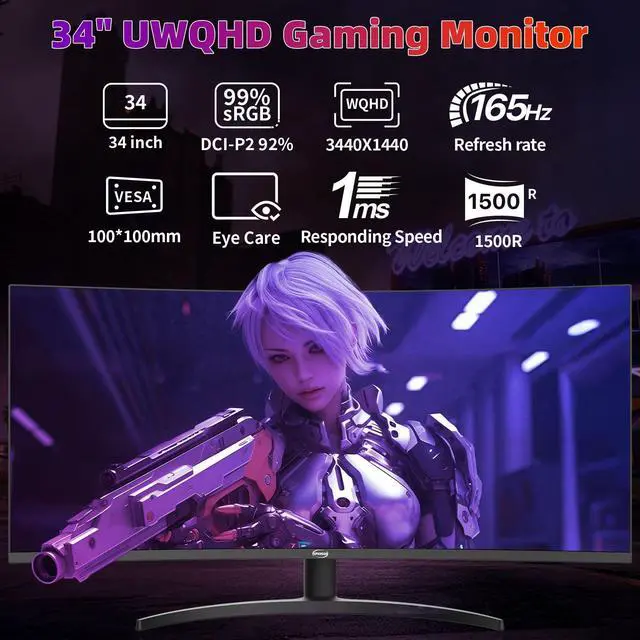 Alt view image 2 of 7 - GPVHOSO 34 Inch 4K Curved Gaming Monitor, (3440x1440) 165Hz VA Panel Ultrawide Computer Monitor, HDR400, 1500R, FreeSync HDMI/DP and Built-In Speaker VESA 100 x 100mm