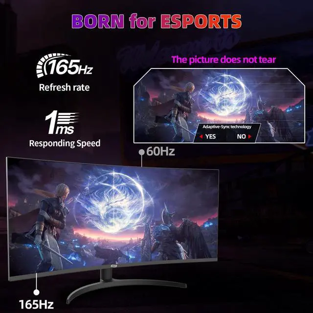 Alt view image 5 of 7 - GPVHOSO 34 Inch 4K Curved Gaming Monitor, (3440x1440) 165Hz VA Panel Ultrawide Computer Monitor, HDR400, 1500R, FreeSync HDMI/DP and Built-In Speaker VESA 100 x 100mm