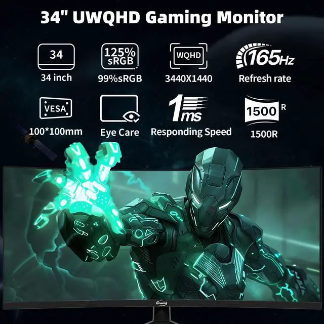 Alt view image 2 of 7 - GPVHOSO 34 Inch Curved Gaming Monitor 4K, (3440x1440) 165Hz Ultrawide Computer Monitor, HDR, 1500R, 125% sRGB, DCI-P3 92%, HDMI/DP and Built-in Speaker Support Wall- Black