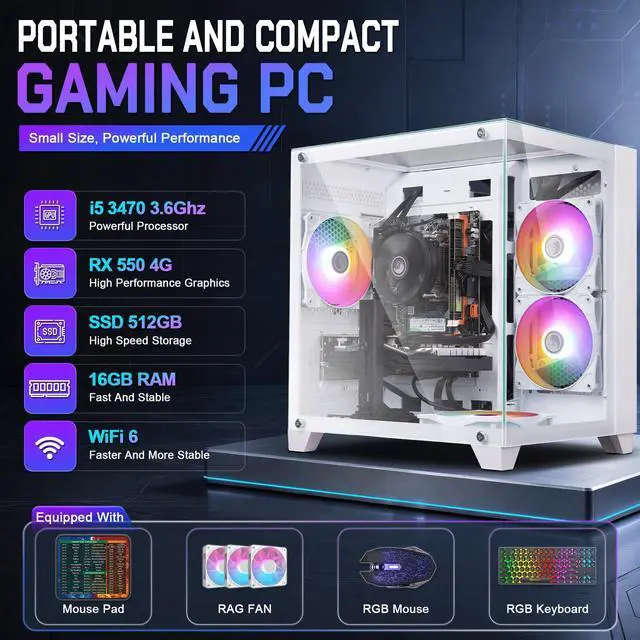 Alt view image 2 of 7 - GPVHOSO Gaming Desktop PC, Intel Core i5 3.6GHz, RX 550 4GB | 4-Core Prebuilt Tower, 16GB RAM, 512GB Fast SSD, Windows 10 Home, 5 RGB Fans, Perfect for Casual Gaming & Daily Entertainment