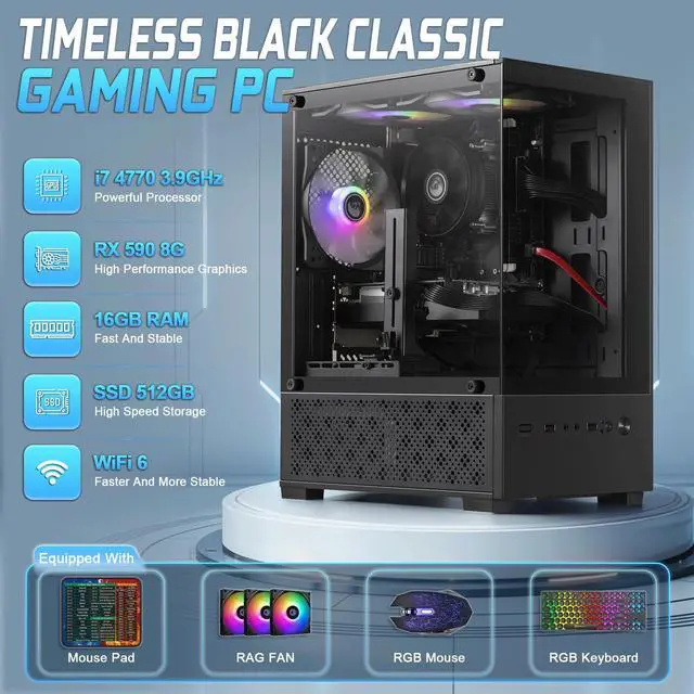 Alt view image 2 of 7 - GPVHOSO Gaming PC Desktop, Intel Core i7 4th Gen, RX 590 8GB | Prebuilt Gaming Computer Tower, 16GB RAM, 512GB SSD, Windows 11 Home, Plug and Play PC for 1080P Gaming, Live Streaming