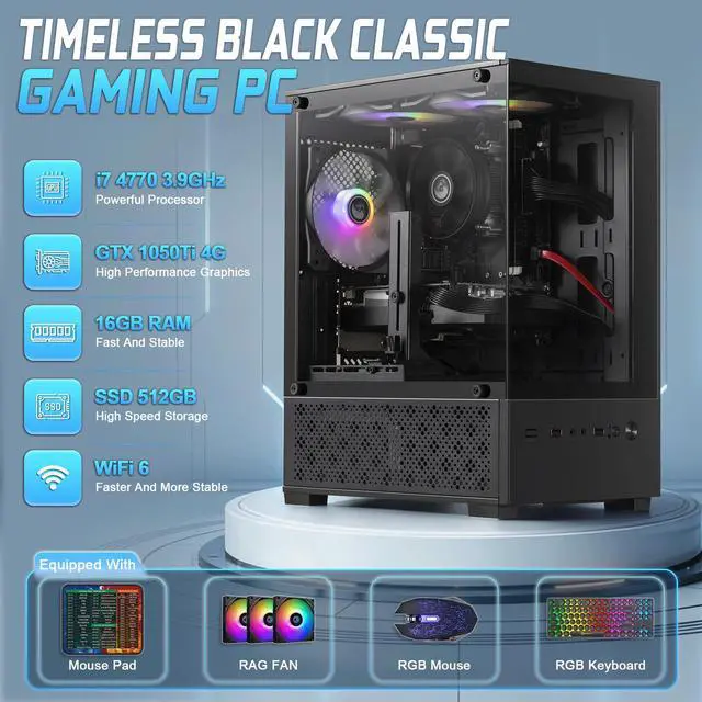 Alt view image 2 of 7 - GPVHOSO Gaming PC Desktop, Intel Core i7 4th Gen, GTX 1050 Ti 4GB | Prebuilt Gaming PC, 16GB RAM, 512GB SSD, Windows 11 Home, Entry Level Desktop for Gaming, Family Work & Daily Use