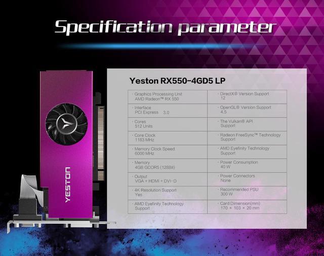 Alt view image 4 of 14 - Yeston AMD Video Card Radeon RX550 4G D5 LP Gaming Graphics Card GPU, 4G/128bit/GDDR5 PCI-Express 3.0x8 DirectX 12,DVI+HDMI+VGA Desktop Graphics Card (HTPC ITX is compatible)