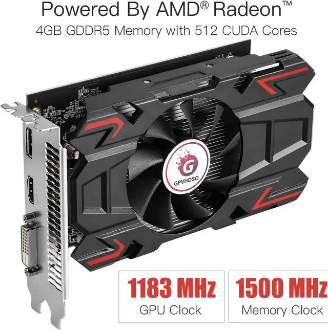 Alt view image 2 of 7 - GPVHOSO AMD Radeon RX 550 Graphics Card, 1183MHz, 4GB 128-Bit GDDR5 PCI Express 3.0 x 8, DP/HDMI/DVI-D Tri-ports, 4K Output, DirectX 12, OpenGL 4.5, Computer GPU, Desktop Gaming Video Card