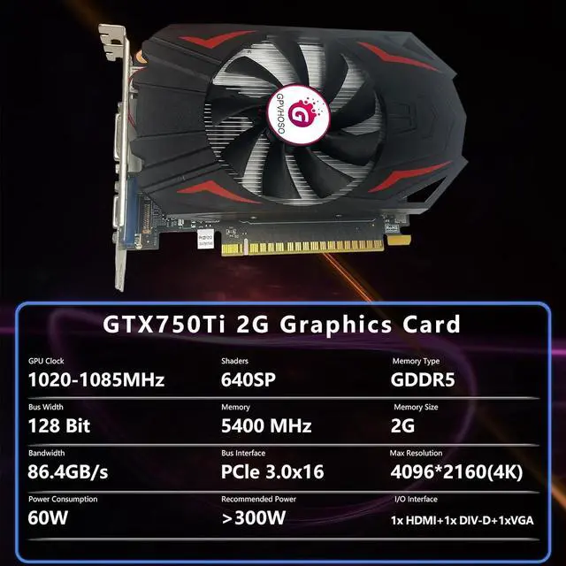 Alt view image 2 of 7 - GPVHOSO GTX 750Ti Graphics Card, 2GB GDDR5 128bit Direct X12 640SP Gaming Video Card, PCI Express 3.0x16 Interface, HDMI, DVI-D, VGA, Single Fan, Low Power GPU for Working Gaming