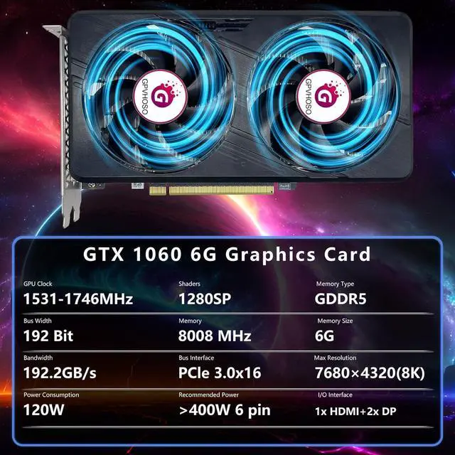 Alt view image 2 of 7 - GPVHOSO GTX 1060 6GB Computer Graphics Card, GDDR5 192bit 8K HDR VR Ready, 1060 Video Cards for Gaming PC, Tarjeta Gráfica Support Direct X12 PCIe3.0 * 16, Dual Cooling Fans, HDMI + 2*DP