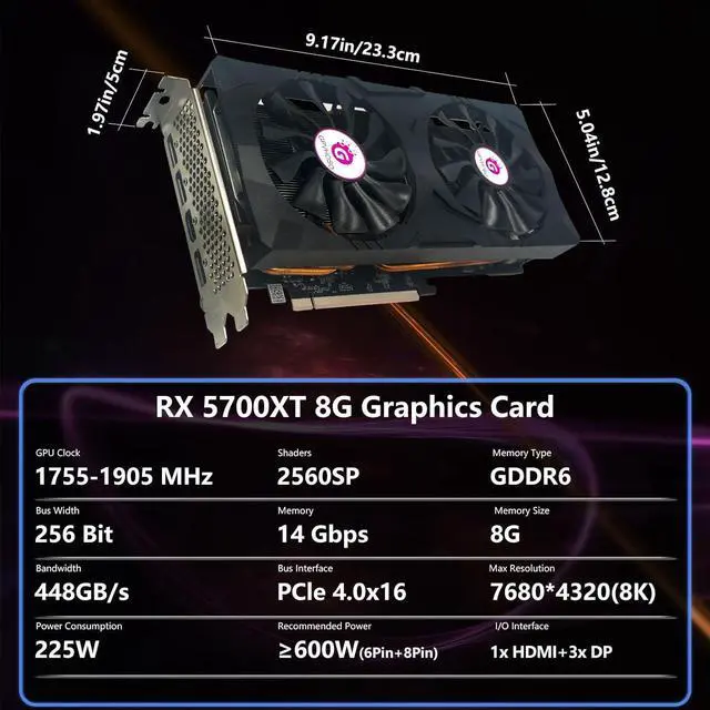 Alt view image 2 of 7 - GPVHOSO RX 5700 XT Graphics Card, AMD Radeon RX 5700 XT 8GB GDDR6 2560SP 256bit PCI-e 4.0 x16 GPU Computer Graphics Cards, HDMI/DisplayPort*3 Interface, Support Up to 8K Video Cards for PC