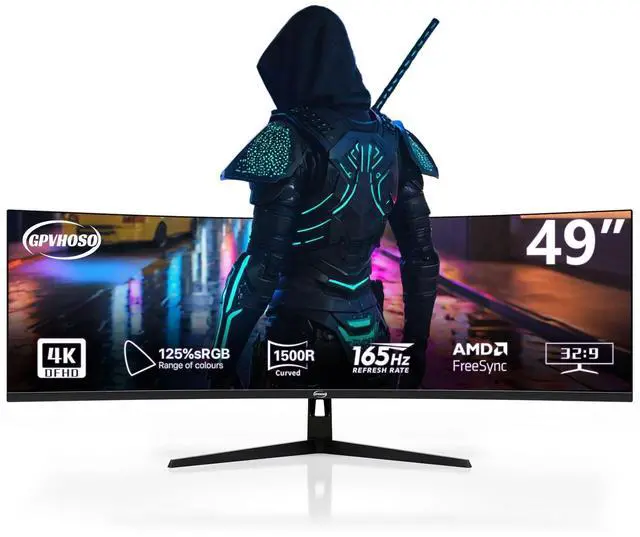 Main image of GPVHOSO 49 Inch Curved Ultrawide Gaming Monitor, 4k Monitor(3840x1080P), 165Hz, 1500R HDR10, 32:9, AMD FreeSync, 125% sRGB, HDMI/DP VESA100*100mm