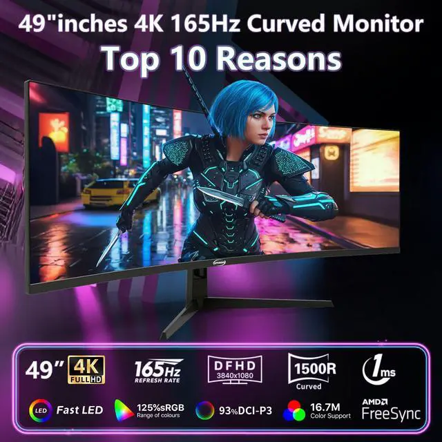 Alt view image 2 of 7 - GPVHOSO 49 Inch Curved Ultrawide Gaming Monitor, 4k Monitor(3840x1080P), 165Hz, 1500R HDR10, 32:9, AMD FreeSync, 125% sRGB, HDMI/DP VESA100*100mm
