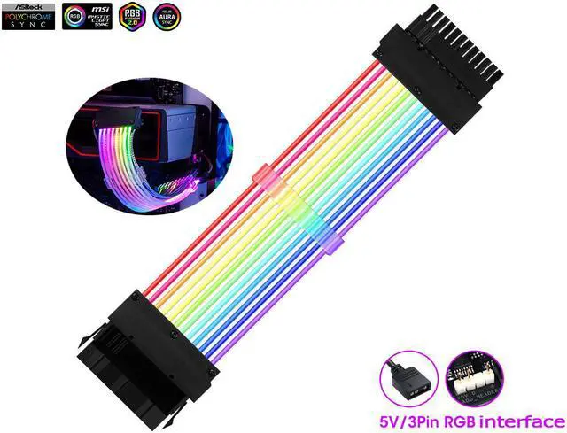 Main image of Addressable RGB Power Extension Cable  18AWG 24Pin ATX Power Supply PSU Cable with Combs 24CM Sleeved Cable Extension PC Kit
