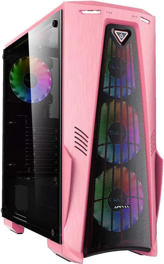 Main image of Apevia Crusader-F-PK Mid Tower Gaming Case with 1 x Full-Size Tempered Glass Panel, Top USB3.0/USB2.0/Audio Ports, 4 x RGB Fans, Pink Frame