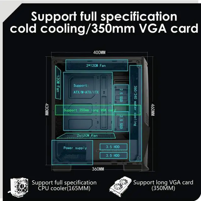 Alt view image 5 of 6 - Apevia Crusader-F-PK Mid Tower Gaming Case with 1 x Full-Size Tempered Glass Panel, Top USB3.0/USB2.0/Audio Ports, 4 x RGB Fans, Pink Frame