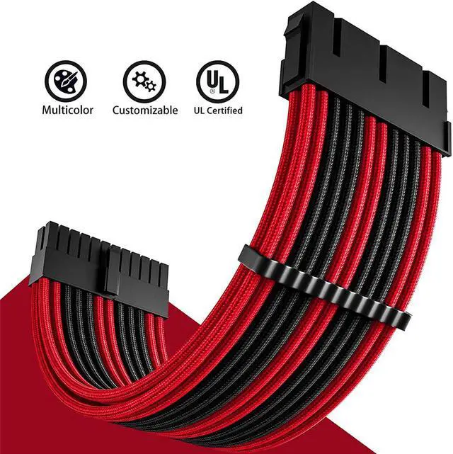 Alt view image 4 of 7 - Black Red PSU Sleeved Cable, PC Power Supply Cable Extensions Kit with Combs, 18AWG 24 Pin ATX, 8 to 4+4 Pin EPS, Dual 8 to 6+2 Pin PCIE, 6 Pin PCIE, 30CM