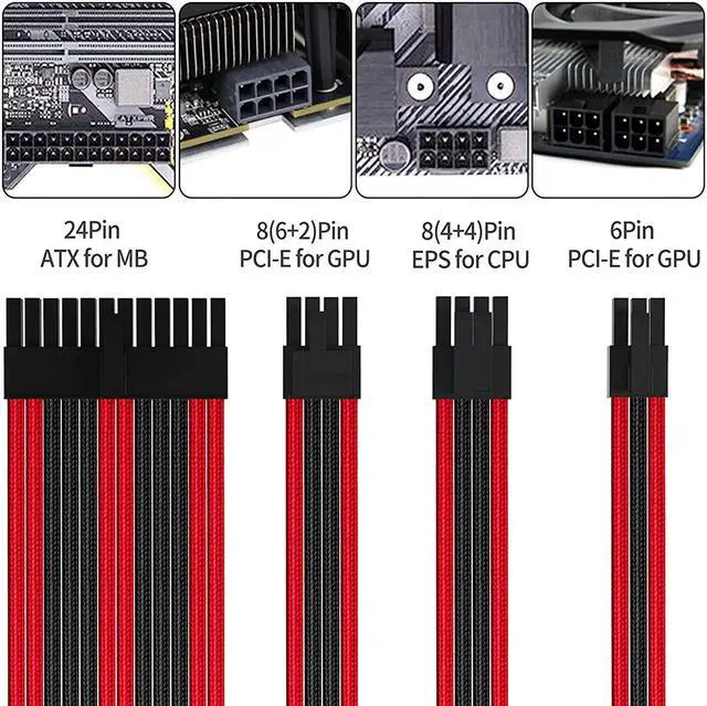 Alt view image 5 of 7 - Black Red PSU Sleeved Cable, PC Power Supply Cable Extensions Kit with Combs, 18AWG 24 Pin ATX, 8 to 4+4 Pin EPS, Dual 8 to 6+2 Pin PCIE, 6 Pin PCIE, 30CM