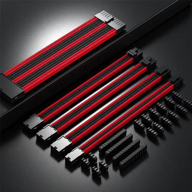 Alt view image 6 of 7 - Black Red PSU Sleeved Cable, PC Power Supply Cable Extensions Kit with Combs, 18AWG 24 Pin ATX, 8 to 4+4 Pin EPS, Dual 8 to 6+2 Pin PCIE, 6 Pin PCIE, 30CM