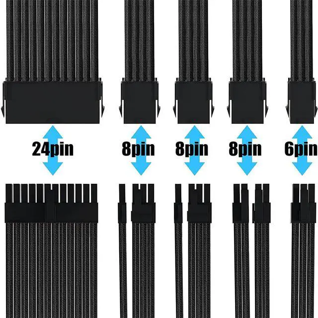 Alt view image 5 of 7 - Mod Sleeved Cable, Black Power Supply Cable Extension Kit, 24PIN ATX, 4+4 PIN EPS, Dual 6+2 PIN PCIE, 6 PIN PCI-E