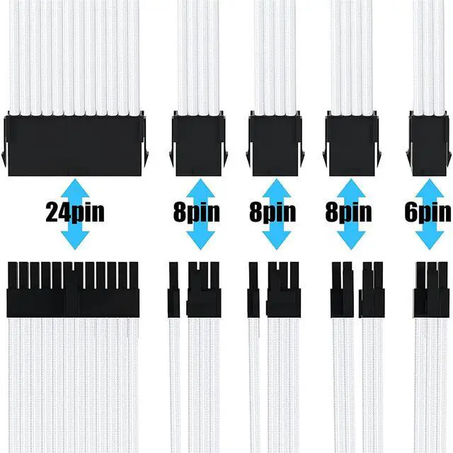 Alt view image 5 of 7 - Mod Sleeved Cable, White Power Supply Cable Extension Kit, 24PIN ATX, 4+4 PIN EPS, Dual 6+2 PIN PCIE, 6 PIN PCI-E